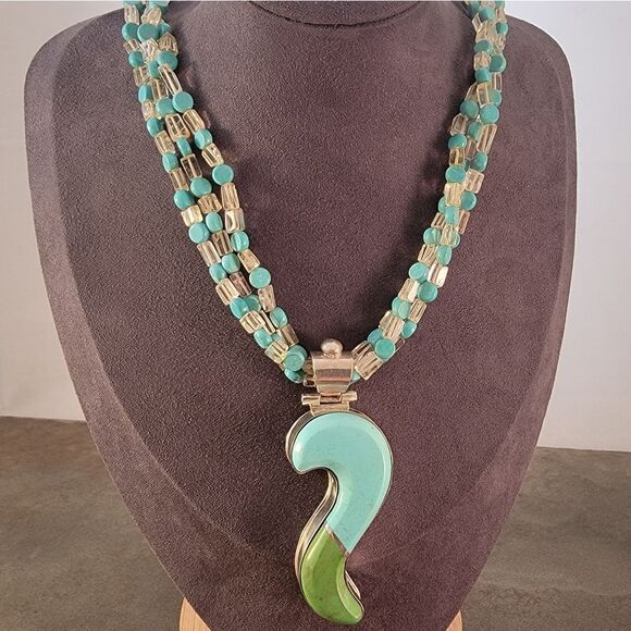 David Troutman Silver Creations Blue & Green Turquoise Pendant Necklace - Picture 3 of 10